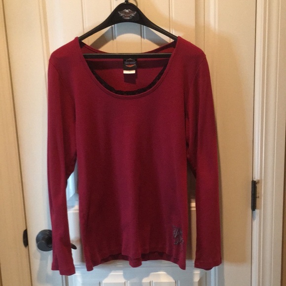 Harley-Davidson Tops - HARLEY DAVIDSON🔥 1X W LONGSLEEVE BLACK LACE SCOOP-NECK PULLOVER RED TOP 🍒